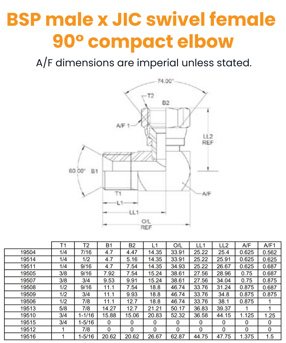 1/4 BSP x 7/16 JIC M/F 90° Compact Hydraulic Adaptor